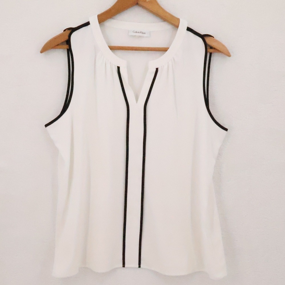 Calvin Klein Sleeveless Split Neck Blouse Top Womens White Black Office Size  M